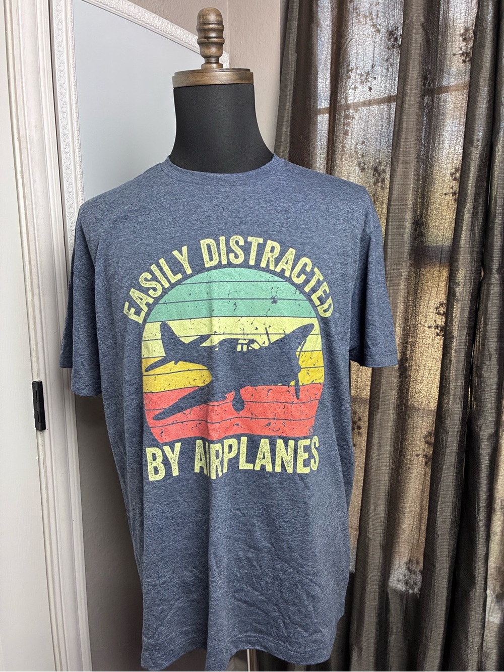Gildan Easily Distracted By Airplanes Graphic T‑Shirt - Blue XL